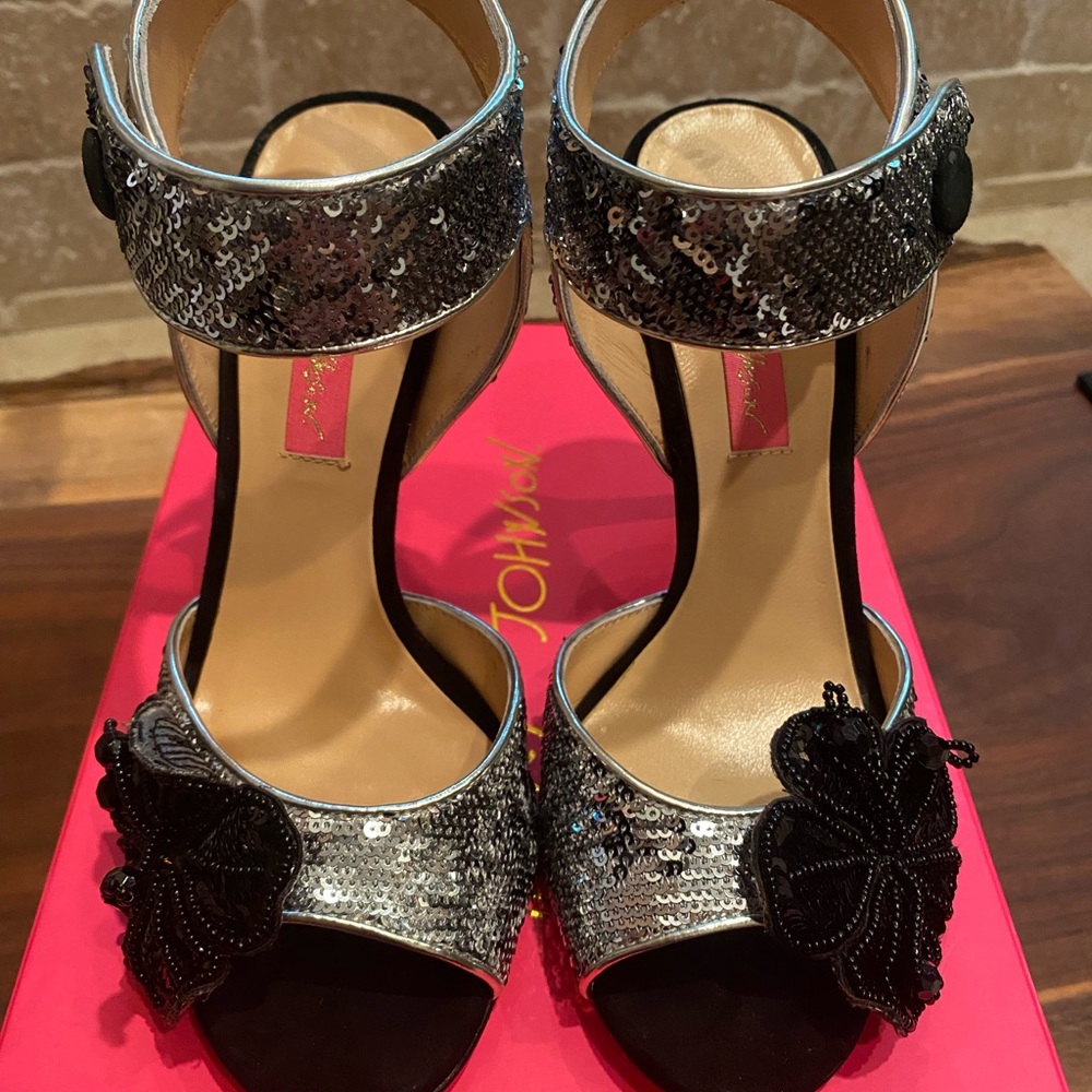 Betsy Johnson high heels; black & silver